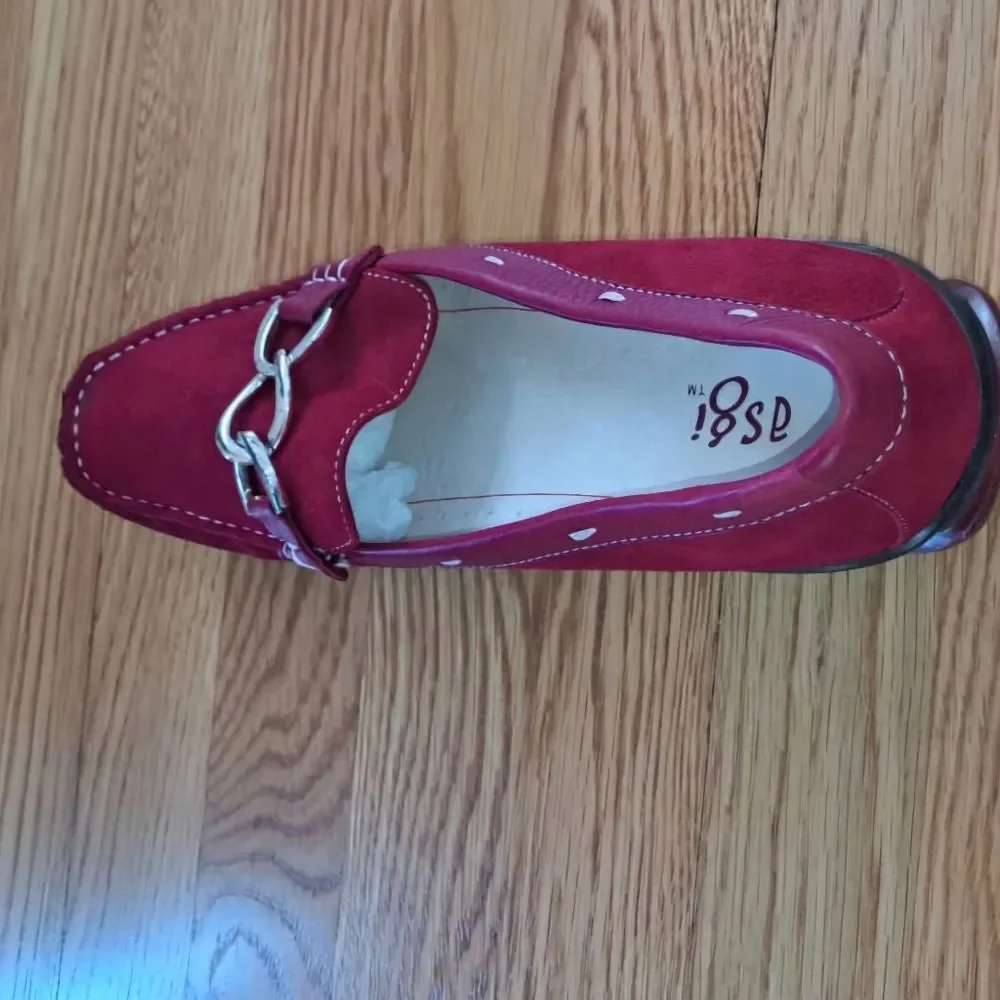ASGI Inspire Suede Leather Driving Loafer Red Silver Buckle 8.5M Dark Academia